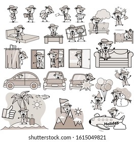 Comic Vintage Detective Agent Character - Set of Concepts Vector illustrations