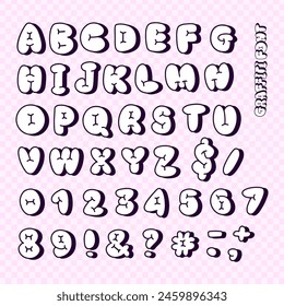 Comic vintage marker graffiti font, plump alphabet in the contour cartoon style, balloon uppercase Latin letters and numbers. Hand drawn vector illustration.