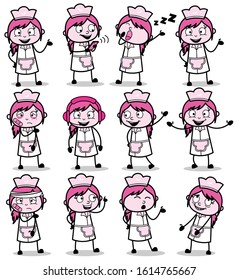 Comic Vintage Poses of Waitress - Set of Concepts Vector illustrations