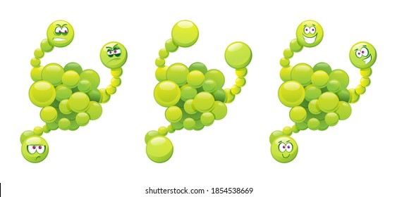 El virus del cómic aisló el germen mutante verde, riéndose y enojado emoticono con muchas manos o manos. Personaje de enfermedad infantil vectorial, emoticono de microorganismos de dibujos animados, microbio con ojos. Fiebre de gripe pesada