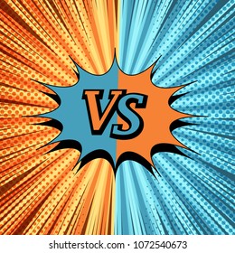 Comic VS creative background with two opposite sides, speech bubble, halftone, rays and radial humor effects. Vector illustration