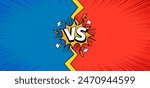 Comic vs fight scene. Versus background with blue and red color parts. Halftone banner with frames. Duel poster with retro stripes, lightning, rays, explosion cloud. Vector concept. Battle or fight