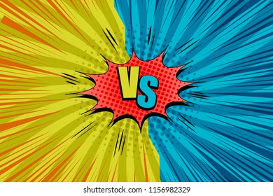 Comic VS horizontal concept with two opposite yellow and blue sides red speech bubble rays sound halftone radial humor effects. Vector illustration
