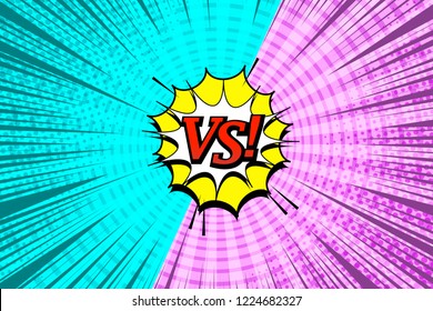 Comic VS wording template with two turquoise and pink sides white speech bubble yellow cloud rays halftone radial circles humor effects. Vector illustration