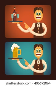 Comic waiter carrying a drink. Vector illustration.