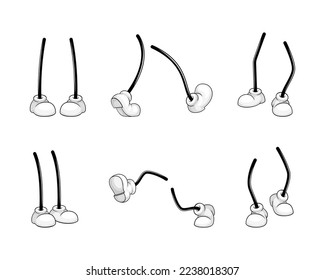 Comic walking stick legs in white sport shoes in various positions set cartoon vector illustration