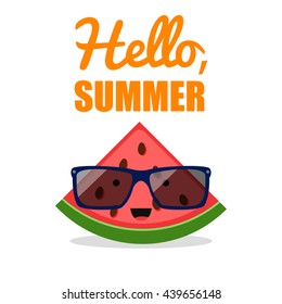 Comic watermelon sunglasses vector illustration, fruit character. Hello summer