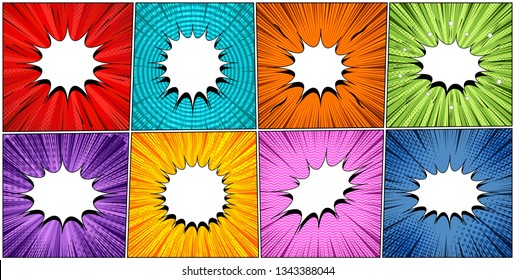 Comic white blank speech bubbles set with blots radial halftone waves circles and rays humor effects. Vector illustration