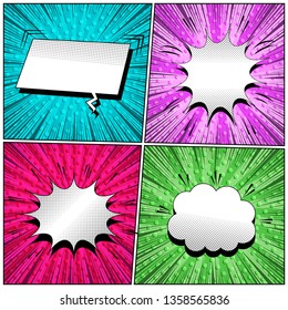 Comic white speech bubbles collection with halftone radial dotted rays and sound effects. Vector illustration