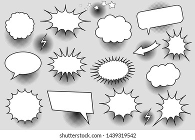 Comic white speech bubbles collection with blank balloons of different shapes stars arrow lightnings and halftone effects. Vector illustration
