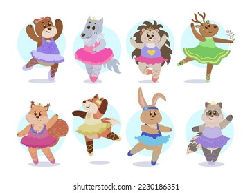 Cómic animales salvajes como bailarinas de ballet ilustraciones vectoriales conjunto. Caricaturas de oso, lobo, erizo bailando con ropa de bailarina aisladas de fondo blanco. Niñez, vida silvestre, concepto de ballet