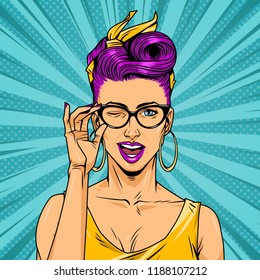 Comic winking attractive woman with red glasses and black hair on radial turquoise background vector illustration