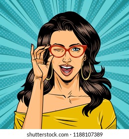 Comic winking pretty blonde girl in white blouse with glasses on radial background vector illustration