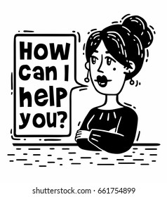 Comic woman asking how I can help you