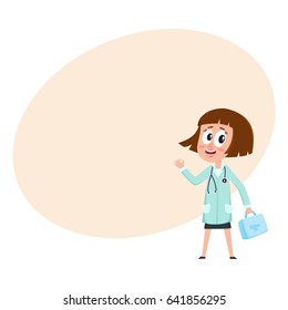 Comic woman doctor character with bob haircut holding first aid kit, medical box, cartoon vector illustration with space for text. Portrait of funny woman doctor holding medical box