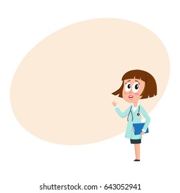 Comic woman doctor character with bob haircut holding clipboard, waving hand, cartoon vector illustration with space for text. Full length portrait of funny woman doctor holding clipboard