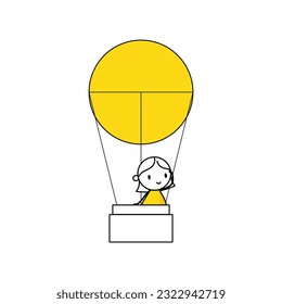 Comic woman flying on balloon and see through business vision. Leadership to plan to achieve mission victory or career path concept. Vector stock illustration.