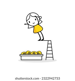 Comic woman jump into coins. Happy millionaire with plenty of money, success businessman achieve financial freedom concept. Vector stock illustration.