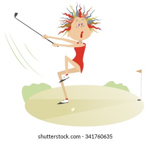 Comic woman with multicolor hair tries to do a good hit