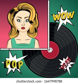 Comic woman and vinyl record with a comic expression. Pop art illustration - Vector