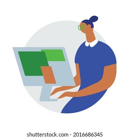 Comic woman work on computer.Programmer on remote work, distance E-learning or online training.Lady developer with glasses with monitor. Funky figures style.Vector illustration for design web sites