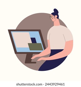 Comic woman work on computer.Programmer on remote work, distance E-learning or online training.Lady developer with glasses with monitor. Funky figures style.Vector illustration for design web sites