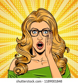 Comic wonder girl template with eyeglasses and brown hair on yellow background vector illustration
