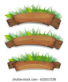 Comic Wood Banners With Plants Leaves/
Illustration of a set of cartoon spring or summer wooden banners, with green leaves, for agriculture and farm seal and certificates