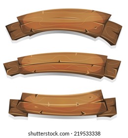 Comic Wood Banners And Ribbons/ Illustration of a set of cartoon spring or summer wooden award ribbon and banners, for agriculture and farm seal and certificates