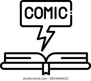 Comic Word Book Sign Icon. An open book with a comic label sign icon representing the comic genre and graphic novel category. Great for bookstore signage, library categorization, and publishing genre materials.