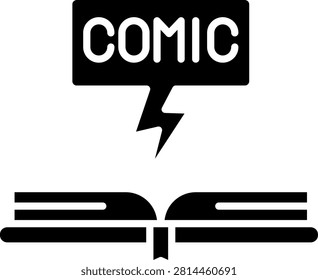 Comic Word Book Sign Icon. An open book with a comic label sign icon representing the comic genre and graphic novel category. Great for bookstore signage, library categorization, and publishing genre materials.