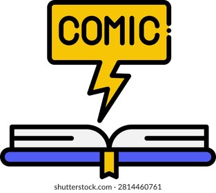 Comic Word Book Sign Icon. An open book with a comic label sign icon representing the comic genre and graphic novel category. Great for bookstore signage, library categorization, and publishing genre materials.