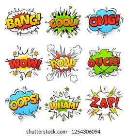 Comic Words. Cartoon Speech Bubble With Zap Pow Wtf Boom Text. Comics Pop Art Balloons Vector Illustration Set