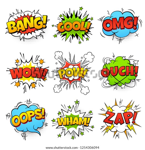 喜劇的な言葉 Zap Pow Wtf Boom Textを含む漫画の吹き出し 漫画のポップアート風船ベクターイラストセット のベクター画像素材 ロイヤリティフリー