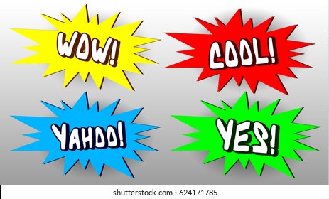 Comic Wow, Cool, Yahoo & Yes Exclamations in Pop Art Style. Vector Illustration