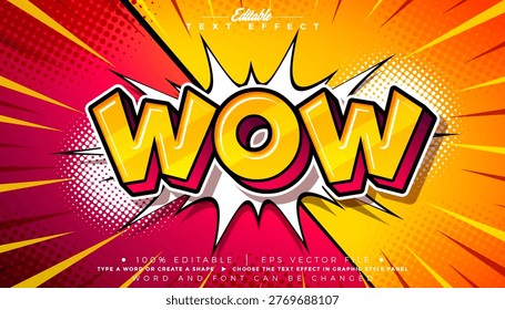 Comic Wow Editable Text Effect Design Illustrator Graphic Style with Customizable Colorful 3d Cartoon Font on Retro Movie Background. Vector Premium Typography Lettering Illustration Template for Greeting Card, Banner, Flyer, Invitation, Brochure or Promotional Poster