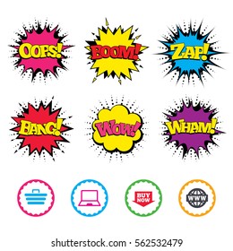 Comic Wow, Oops, Boom and Wham sound effects. Online shopping icons. Notebook pc, shopping cart, buy now arrow and internet signs. WWW globe symbol. Zap speech bubbles in pop art. Vector
