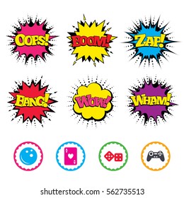 Comic Wow, Oops, Boom and Wham sound effects. Bowling and Casino icons. Video game joystick and playing card with dice symbols. Entertainment signs. Zap speech bubbles in pop art. Vector