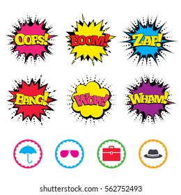Comic Wow, Oops, Boom and Wham sound effects. Clothing accessories icons. Umbrella and sunglasses signs. Headdress hat with business case symbols. Zap speech bubbles in pop art. Vector