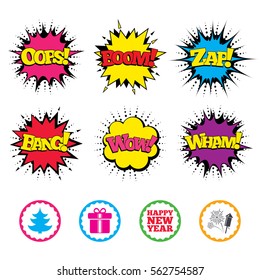 Comic Wow, Oops, Boom and Wham sound effects. Happy new year icon. Christmas tree and gift box signs. Fireworks rocket symbol. Zap speech bubbles in pop art. Vector