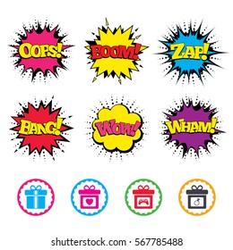 Comic Wow, Oops, Boom and Wham sound effects. Gift box sign icons. Present with bow and ribbons symbols. Engagement ring sign. Video game joystick. Zap speech bubbles in pop art. Vector