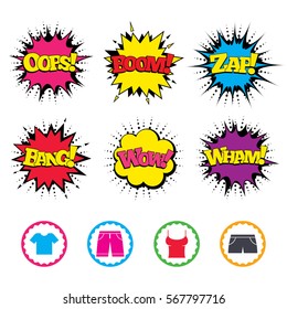 Comic Wow, Oops, Boom and Wham sound effects. Clothes icons. T-shirt and bermuda shorts signs. Swimming trunks symbol. Zap speech bubbles in pop art. Vector