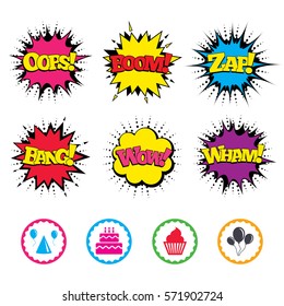 Comic Wow, Oops, Boom and Wham sound effects. Birthday party icons. Cake, balloon, hat and muffin signs. Celebration symbol. Cupcake sweet food. Zap speech bubbles in pop art. Vector
