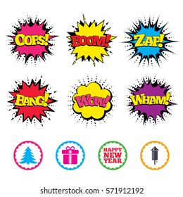 Comic Wow, Oops, Boom and Wham sound effects. Happy new year icon. Christmas tree and gift box signs. Fireworks rocket symbol. Zap speech bubbles in pop art. Vector