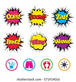 Comic Wow, Oops, Boom and Wham sound effects. Beach holidays icons. Cocktail, human footprints and swimming trunks signs. Summer sun symbol. Zap speech bubbles in pop art. Vector