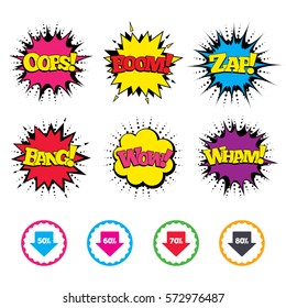 Comic Wow, Oops, Boom and Wham sound effects. Sale arrow tag icons. Discount special offer symbols. 50%, 60%, 70% and 80% percent discount signs. Zap speech bubbles in pop art. Vector