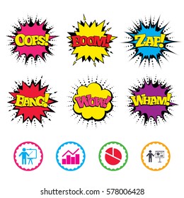 Comic Wow, Oops, Boom and Wham sound effects. Diagram graph Pie chart icon. Presentation billboard symbol. Man standing with pointer sign. Zap speech bubbles in pop art. Vector