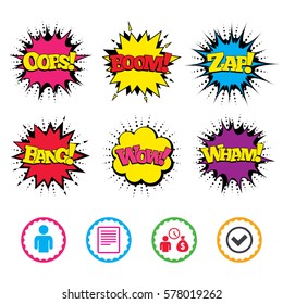 Comic Wow, Oops, Boom and Wham sound effects. Bank loans icons. Cash money bag symbol. Apply for credit sign. Check or Tick mark. Zap speech bubbles in pop art. Vector