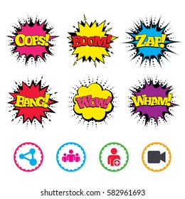 Comic Wow, Oops, Boom and Wham sound effects. Group of people and share icons. Add user and video camera symbols. Communication signs. Zap speech bubbles in pop art. Vector