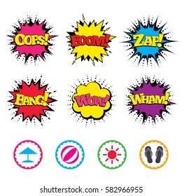 Comic Wow, Oops, Boom and Wham sound effects. Beach holidays icons. Ball, umbrella and flip-flops sandals signs. Summer sun symbol. Zap speech bubbles in pop art. Vector